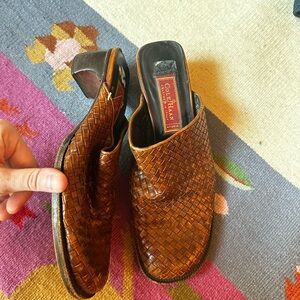 Cole Haan Genuine Leather Brown Woven Kitten Heel Mules 8